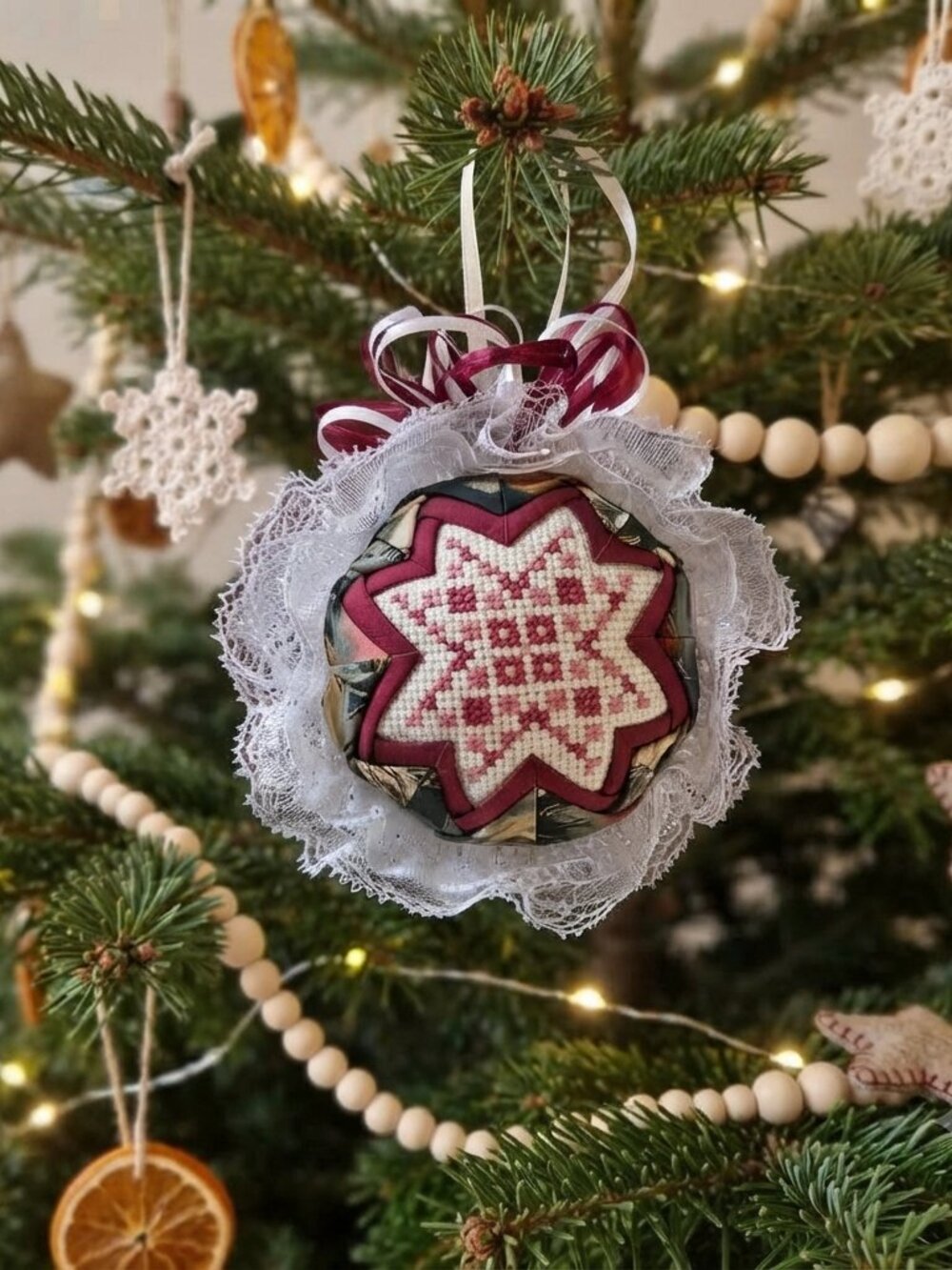 Handmade Quilted & Cross stitch Christmas Ornament